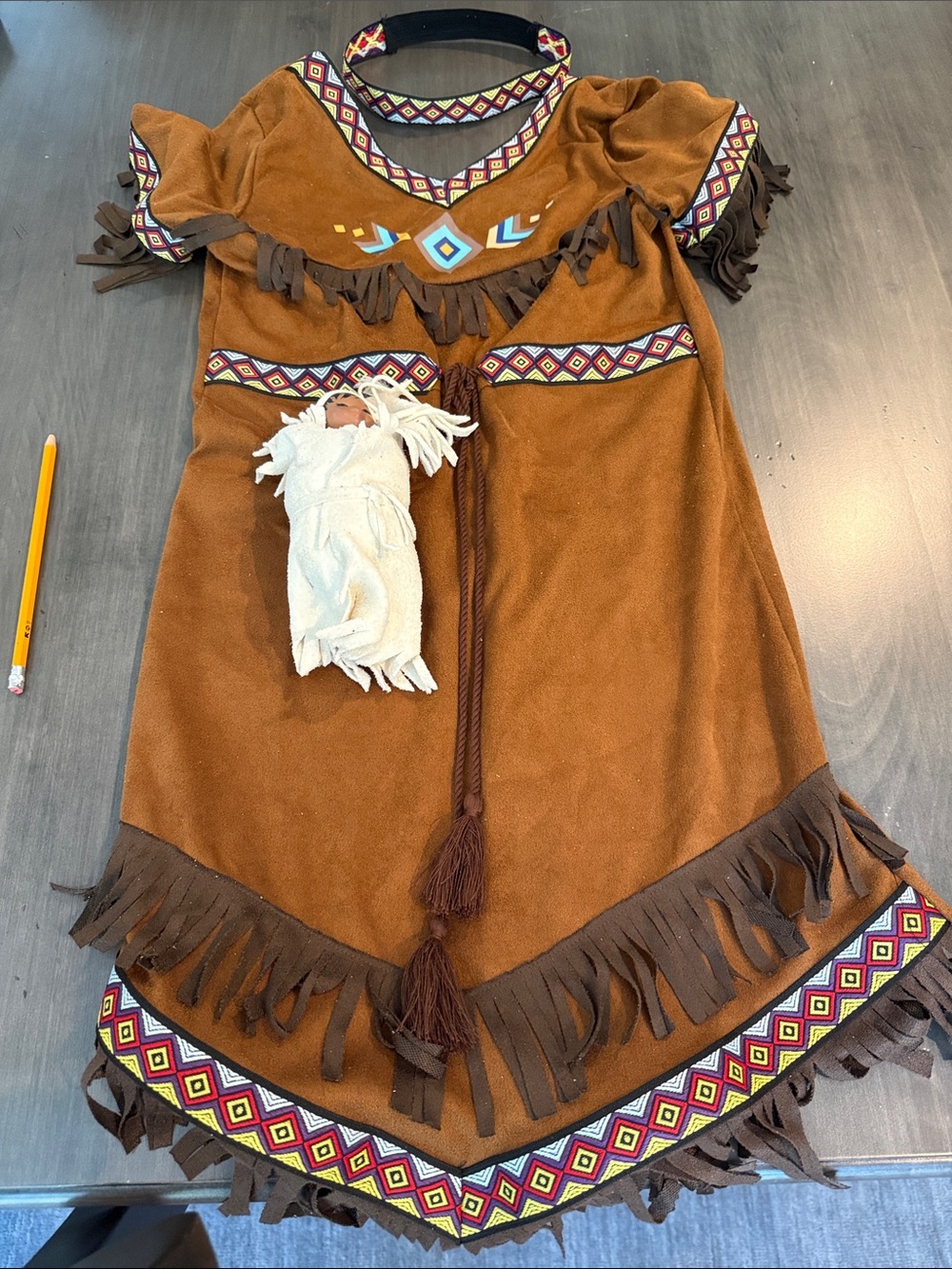 Kids Brown Fringe Costume Dress with Doll Accessory, Native American, Sacajawea